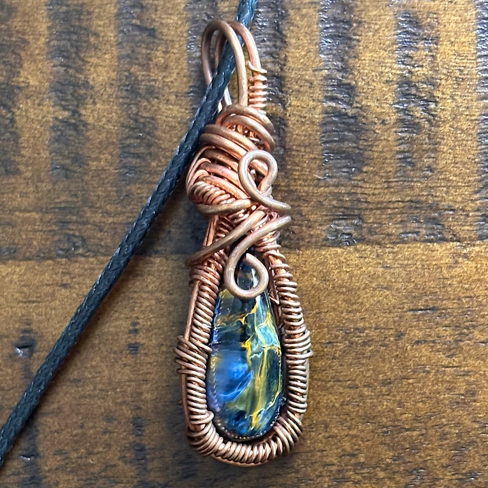 Pietersite Crystal Copper Wire Wrapped Pendant Necklace Adjustable Black Cord
